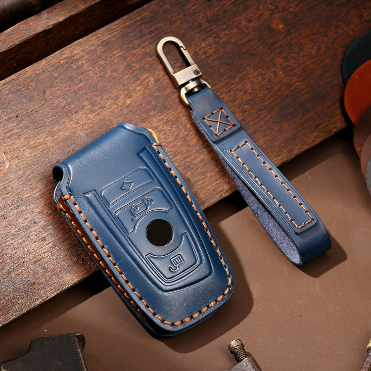 Hallmo Car Cowhide Leather Key Protective Cover Key Case for Old BMW(Blue) - Car Key Cases by Hallmo | Online Shopping UK | buy2fix