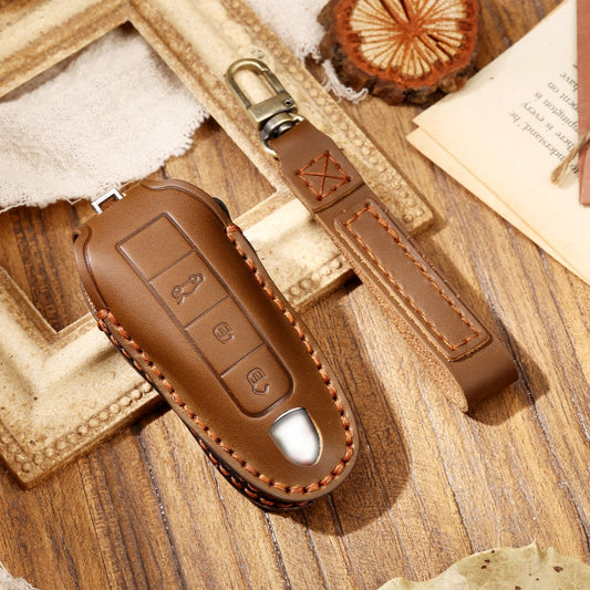 Hallmo Car Cowhide Leather Key Protective Cover Key Case for Porsche Macan 718 2021 A Style(Brown) - Car Key Cases by Hallmo | Online Shopping UK | buy2fix