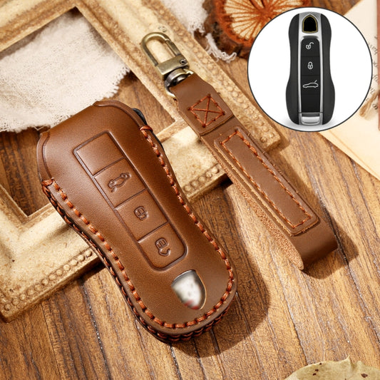 Hallmo Car Cowhide Leather Key Protective Cover Key Case for Porsche Macan 718 2021 B Style(Brown) - Car Key Cases by Hallmo | Online Shopping UK | buy2fix