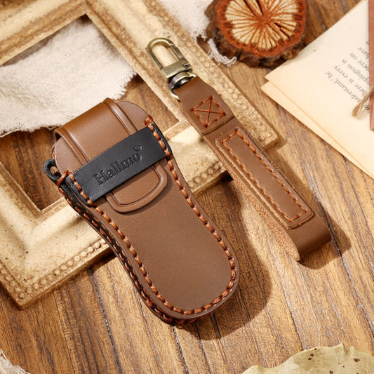 Hallmo Car Cowhide Leather Key Protective Cover Key Case for Porsche Macan 718 2021 B Style(Brown) - Car Key Cases by Hallmo | Online Shopping UK | buy2fix