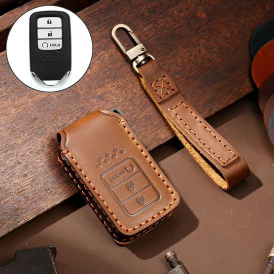 Hallmo Car Cowhide Leather Key Protective Cover Key Case for Honda Civic / Accord 3-button Start(Brown)