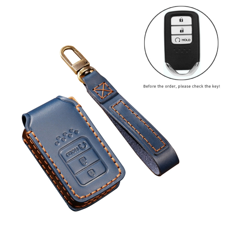 Hallmo Car Cowhide Leather Key Protective Cover Key Case for Honda Civic / Accord 3-button Start(Blue) - Car Key Cases by Hallmo | Online Shopping UK | buy2fix