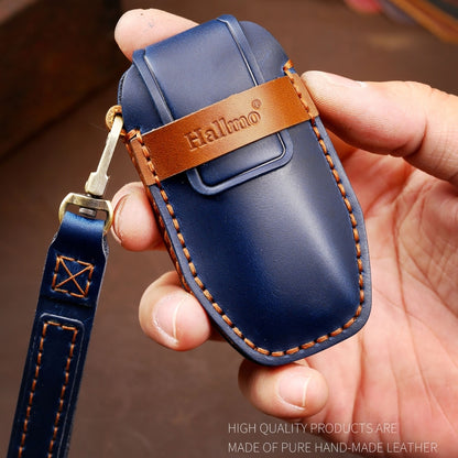 Hallmo Car Cowhide Leather Key Protective Cover Key Case for BYD(Blue) - Car Key Cases by Hallmo | Online Shopping UK | buy2fix