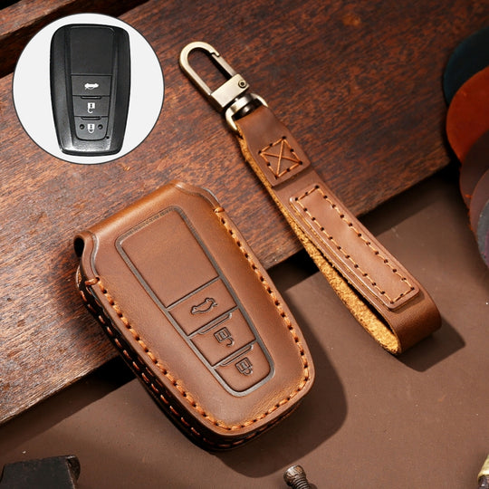Hallmo Car Cowhide Leather Key Protective Cover Key Case for Toyota Corolla 2018 3-button(Brown)