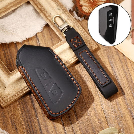 Hallmo Car Cowhide Leather Key Protective Cover Key Case for Volkswagen Golf 8(Black) - Car Key Cases by Hallmo | Online Shopping UK | buy2fix