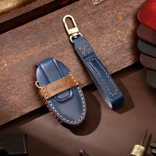 Hallmo Car Cowhide Leather Key Protective Cover Key Case for Nissan Sylphy 3-button Horn(Blue) - Car Key Cases by Hallmo | Online Shopping UK | buy2fix