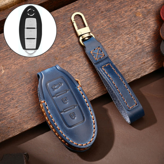 Hallmo Housse de protection pour clé de voiture en cuir de vachette pour boîte arrière à 3 boutons Nissan Sylphy (bleu)