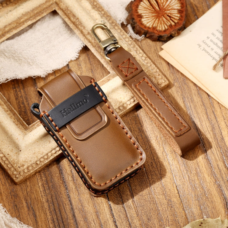 Hallmo Car Cowhide Leather Key Protective Cover Key Case for Mitsubishi Outlander(Brown) - Car Key Cases by Hallmo | Online Shopping UK | buy2fix