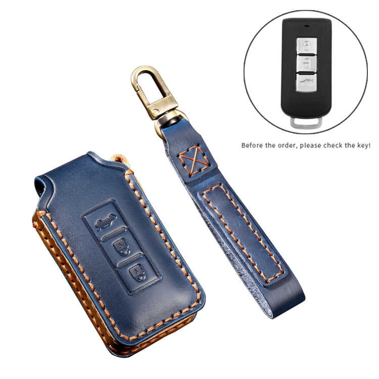 Hallmo Car Cowhide Leather Key Protective Cover Key Case for Mitsubishi Outlander(Blue) - Car Key Cases by Hallmo | Online Shopping UK | buy2fix