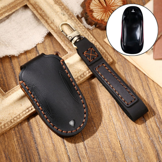 Hallmo Car Cowhide Leather Key Protective Cover Key Case for Tesla Model 3 / S A Style(Black) - Car Key Cases by Hallmo | Online Shopping UK | buy2fix