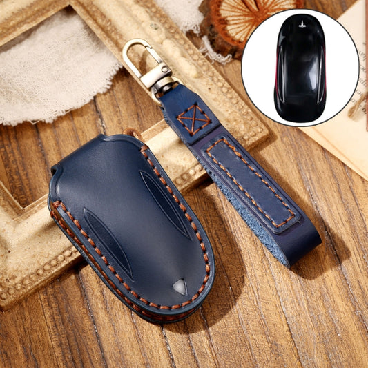 Hallmo Car Cowhide Leather Key Protective Cover Key Case for Tesla Model 3 / S A Style(Blue) - Car Key Cases by Hallmo | Online Shopping UK | buy2fix