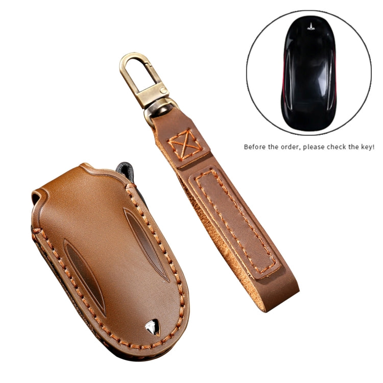 Hallmo Car Cowhide Leather Key Protective Cover Key Case for Tesla Model 3 / S A Style(Blue) - Car Key Cases by Hallmo | Online Shopping UK | buy2fix
