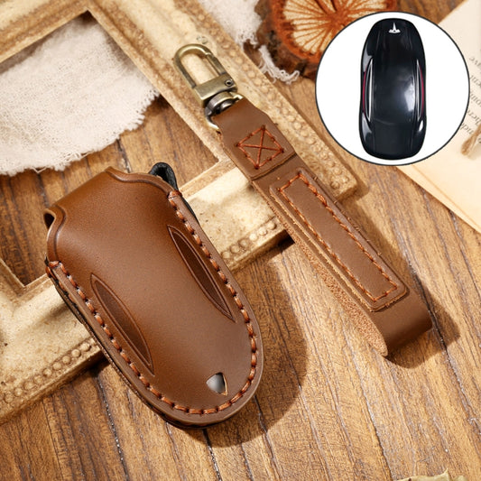 Hallmo Car Cowhide Leather Key Protective Cover Key Case for Tesla Model X B Style(Brown) - Car Key Cases by Hallmo | Online Shopping UK | buy2fix
