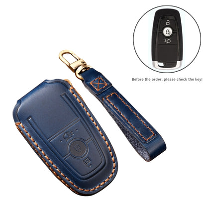 Hallmo Car Cowhide Leather Key Protective Cover Key Case for Ford Focus B Style(Blue) - Car Key Cases by Hallmo | Online Shopping UK | buy2fix