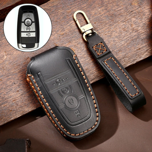 Hallmo Car Cowhide Leather Key Protective Cover Key Case for Ford Focus C Style(Black) - Car Key Cases by Hallmo | Online Shopping UK | buy2fix