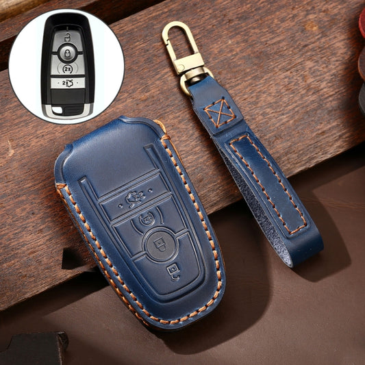 Hallmo Car Cowhide Leather Key Protective Cover Key Case for Ford Focus C Style(Blue) - Car Key Cases by Hallmo | Online Shopping UK | buy2fix