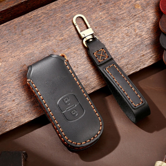 Hallmo Car Cowhide Leather Key Protective Cover Key Case for Mazda Axela 2-button(Black) - Car Key Cases by Hallmo | Online Shopping UK | buy2fix