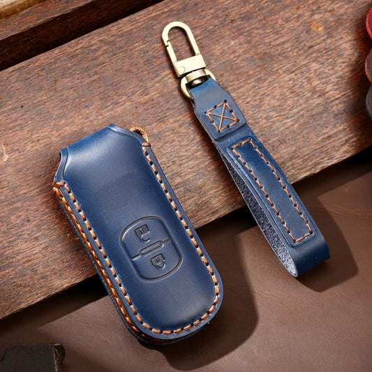 Hallmo Car Cowhide Leather Key Protective Cover Key Case for Mazda Axela 2-button(Blue) - Car Key Cases by Hallmo | Online Shopping UK | buy2fix