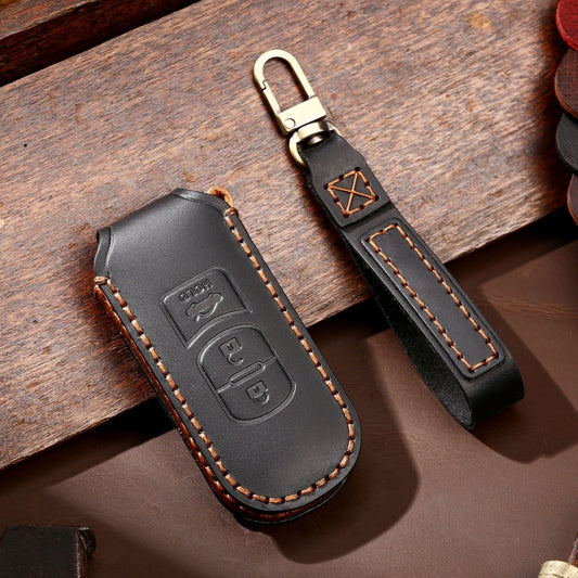 Hallmo Car Cowhide Leather Key Protective Cover Key Case for Mazda Axela 3-button(Black) - Car Key Cases by Hallmo | Online Shopping UK | buy2fix