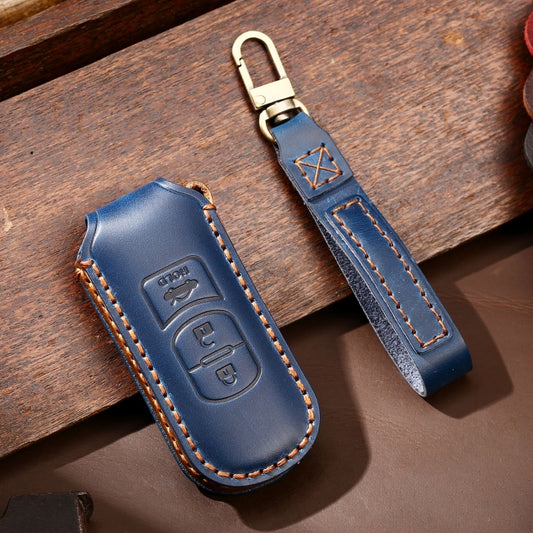 Hallmo Car Cowhide Leather Key Protective Cover Key Case for Mazda Axela 3-button(Blue) - Car Key Cases by Hallmo | Online Shopping UK | buy2fix