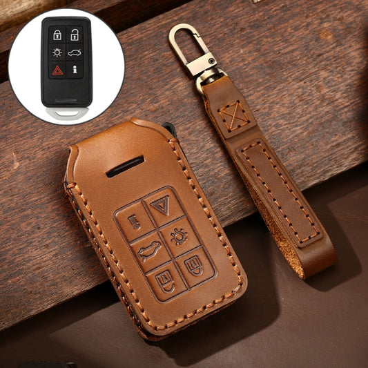 Hallmo Car Cowhide Leather Key Protective Cover Key Case for Volvo 6-button(Brown) - Car Key Cases by Hallmo | Online Shopping UK | buy2fix