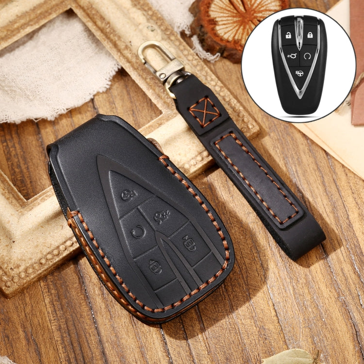 Hallmo Car Cowhide Leather Key Protective Cover Key Case for Changan CS75 Plus(Black) - Car Key Cases by Hallmo | Online Shopping UK | buy2fix