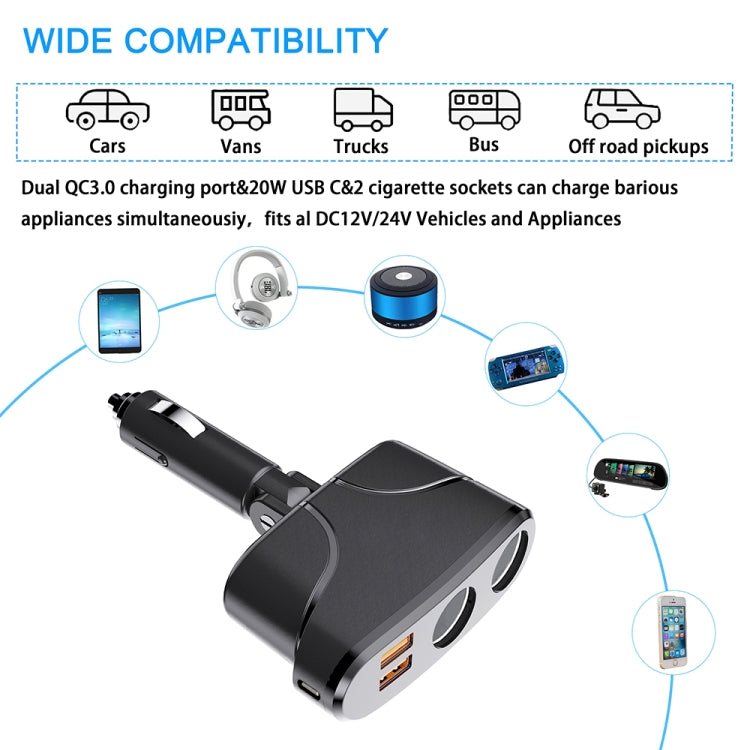 TR35 Car 2 in 1 Cigarette Lighter Extension Socket 20W PD Fast Charge QC3.0 USB Charger - Cigar Socket by buy2fix | Online Shopping UK | buy2fix