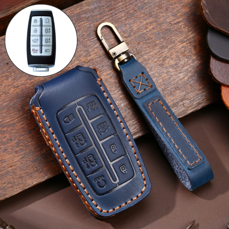 Hallmo Car Cowhide Leather Key Protective Cover Key Case for Hyundai Rohens Genesis 8-button(Blue) - Car Key Cases by Hallmo | Online Shopping UK | buy2fix