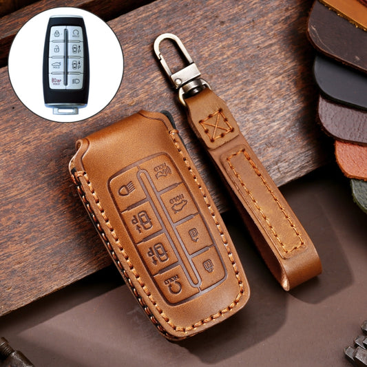 Hallmo Car Cowhide Leather Key Protective Cover Key Case for Hyundai Rohens Genesis 8-button(Brown) - Car Key Cases by Hallmo | Online Shopping UK | buy2fix