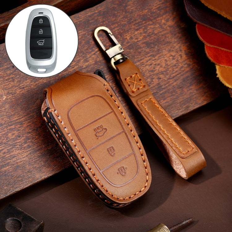Hallmo Car Cowhide Leather Key Protective Cover Key Case for Hyundai 3-button(Brown) - Car Key Cases by Hallmo | Online Shopping UK | buy2fix