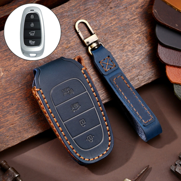 Hallmo Car Cowhide Leather Key Protective Cover Key Case for Hyundai 4-button(Blue) - Car Key Cases by Hallmo | Online Shopping UK | buy2fix