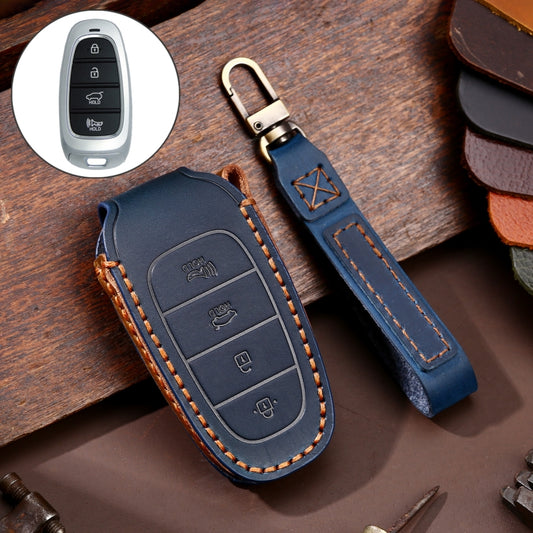 Hallmo Car Cowhide Leather Key Protective Cover Key Case for Hyundai 4-button(Blue) - Car Key Cases by Hallmo | Online Shopping UK | buy2fix