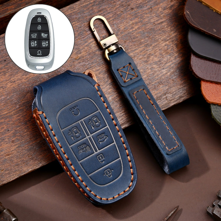Hallmo Car Cowhide Leather Key Protective Cover Key Case for Hyundai 7-button(Blue) - Car Key Cases by Hallmo | Online Shopping UK | buy2fix