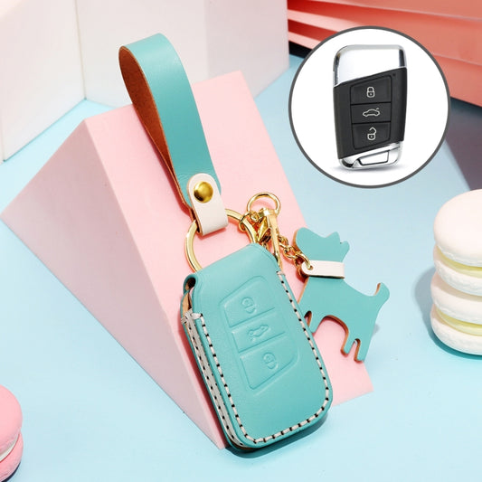 Hallmo Car Female Style Cowhide Leather Key Protective Cover for Volkswagen, A Type(Lake Blue) - Car Key Cases by Hallmo | Online Shopping UK | buy2fix