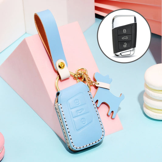 Hallmo Car Female Style Cowhide Leather Key Protective Cover for Volkswagen, A Type(Sky Blue) - Car Key Cases by Hallmo | Online Shopping UK | buy2fix