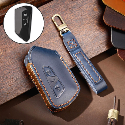Hallmo Car Cowhide Leather Key Protective Cover for Volkswagen Golf 8(Blue) - Car Key Cases by Hallmo | Online Shopping UK | buy2fix