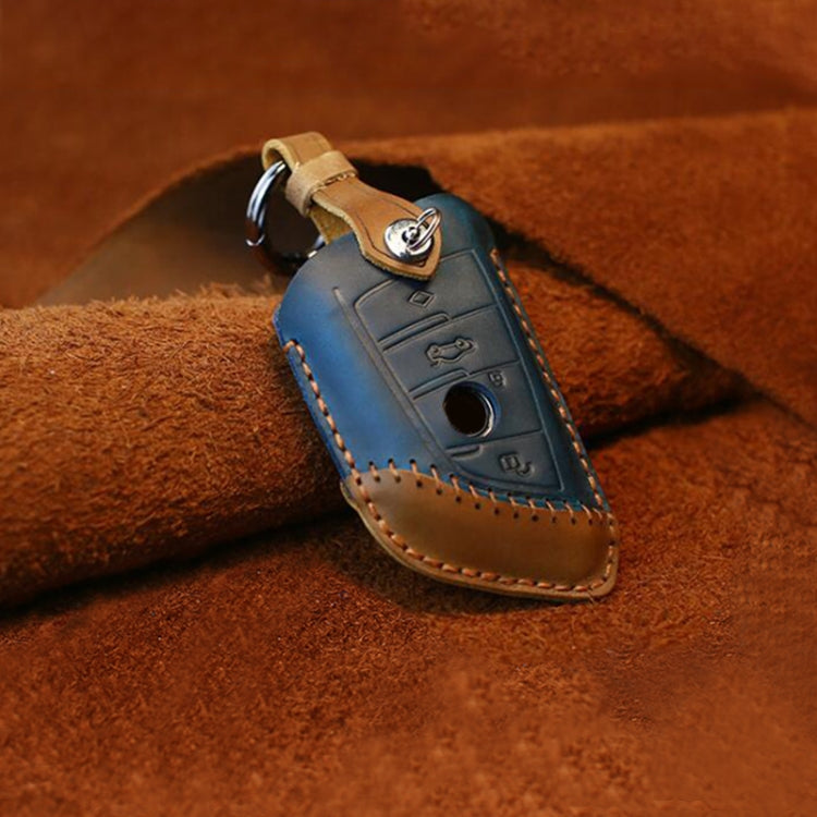 For BMW Blade Style Car Cowhide Leather Key Protective Cover Key Case, Three Keys Version (Blue) by buy2fix