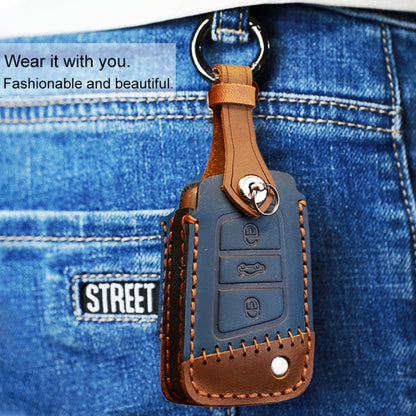 For Volkswagen Car Cowhide Leather Key Protective Cover Key Case, B Version(Blue) by buy2fix