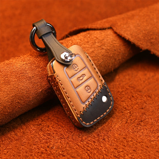 For Volkswagen Car Cowhide Leather Key Protective Cover Key Case, B Version(Brown) by buy2fix