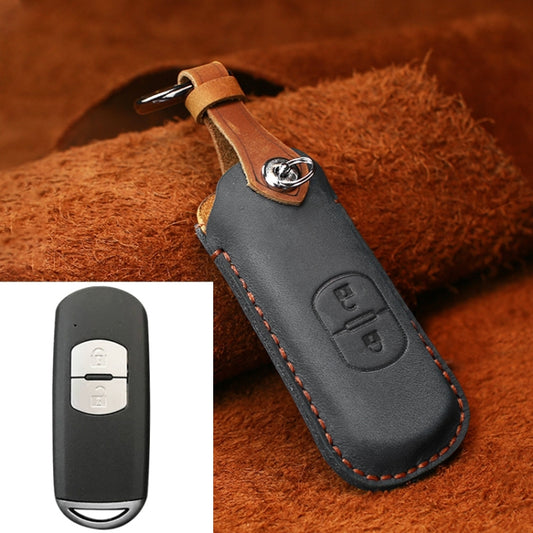 For Mazda Old Style Hallmo Car Cowhide Leather Key Protective Cover Key Case, Two Keys Version(Black) - Car Key Cases by Hallmo | Online Shopping UK | buy2fix