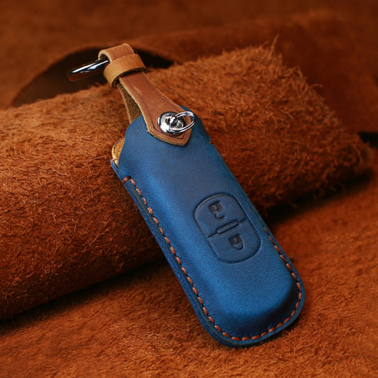 For Mazda Old Style Hallmo Car Cowhide Leather Key Protective Cover Key Case, Two Keys Version(Blue) by Hallmo