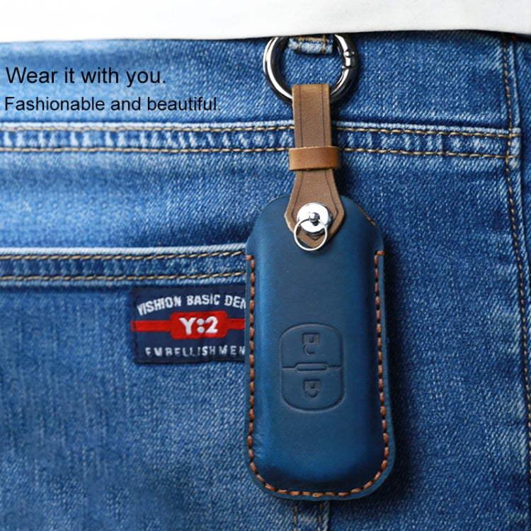 For Mazda Old Style Hallmo Car Cowhide Leather Key Protective Cover Key Case, Two Keys Version(Blue) - Car Key Cases by Hallmo | Online Shopping UK | buy2fix