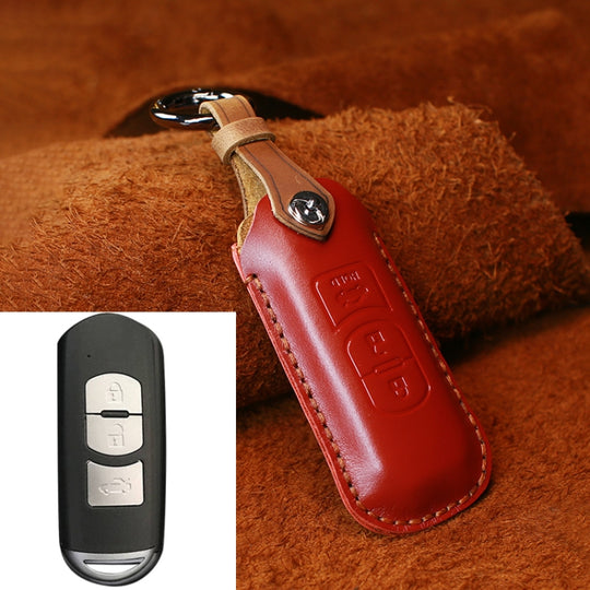 Pour Mazda Old Style Hallmo voiture cuir de vachette clé housse de protection étui à clés, version à trois clés (rouge)