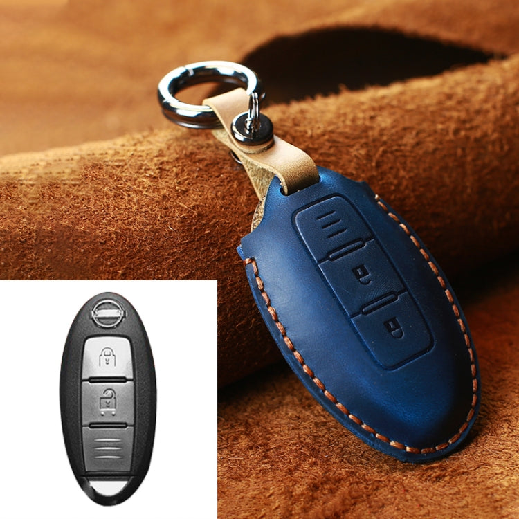 For Nissan Car Cowhide Leather Key Protective Cover Key Case, Three Keys Horizontal Line Version (Blue) by buy2fix