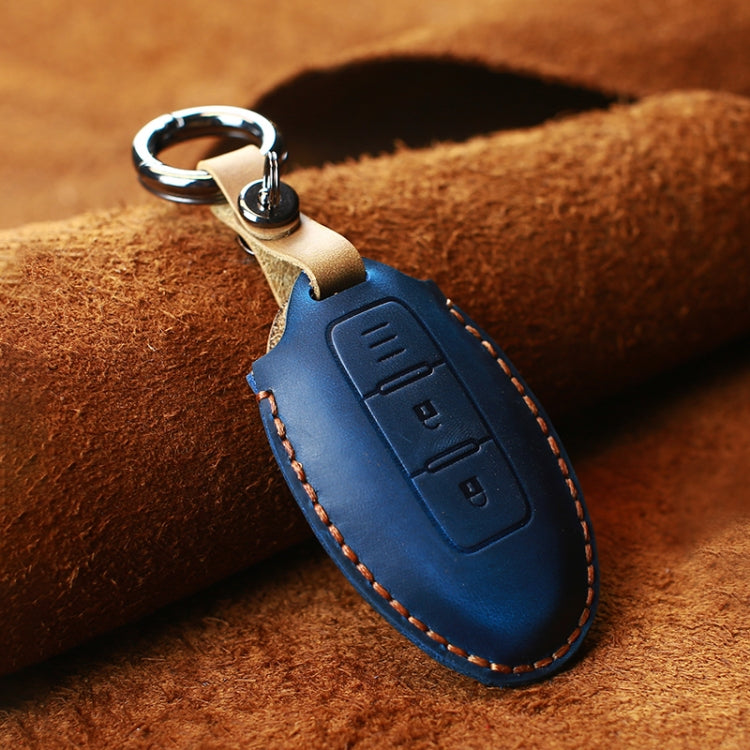For Nissan Car Cowhide Leather Key Protective Cover Key Case, Three Keys Horizontal Line Version (Blue) by buy2fix