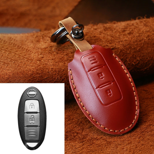 For Nissan Car Cowhide Leather Key Protective Cover Key Case, Three Keys Horizontal Line Version (Red) by buy2fix