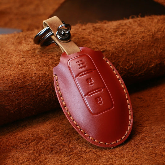For Nissan Car Cowhide Leather Key Protective Cover Key Case, Three Keys Horizontal Line Version (Red) by buy2fix