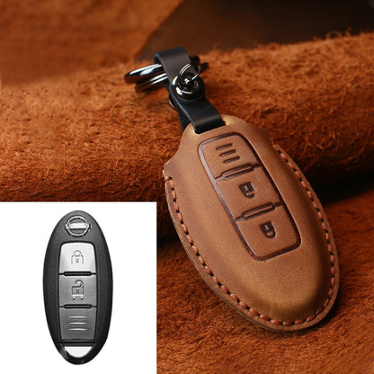 For Nissan Car Cowhide Leather Key Protective Cover Key Case, Three Keys Horizontal Line Version (Brown) by buy2fix