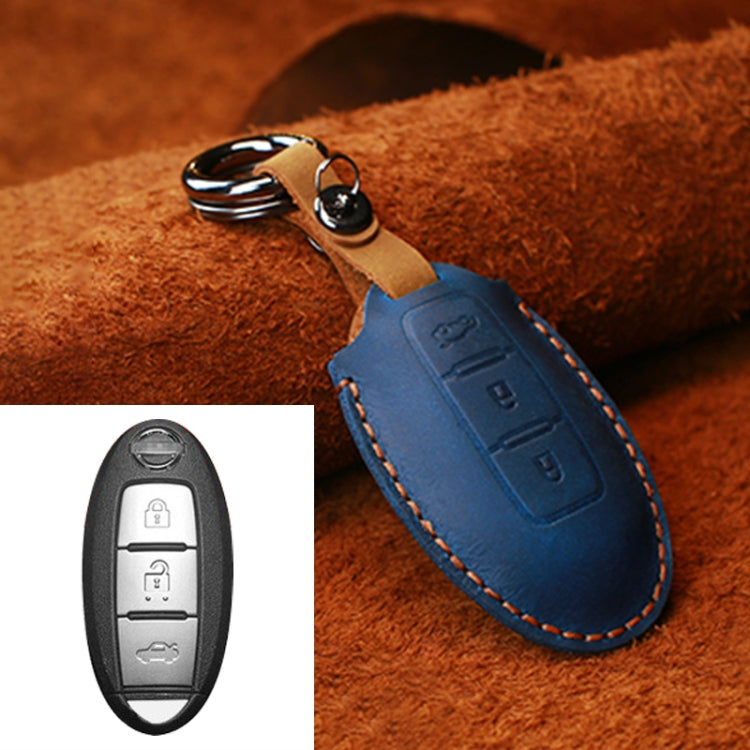 For Nissan Car Cowhide Leather Key Protective Cover Key Case, Three Keys Tailgate Version (Blue) by buy2fix