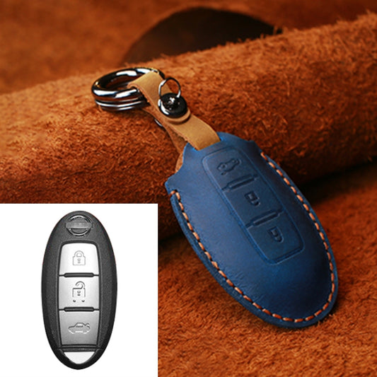 For Nissan Car Cowhide Leather Key Protective Cover Key Case, Three Keys Tailgate Version (Blue) by buy2fix